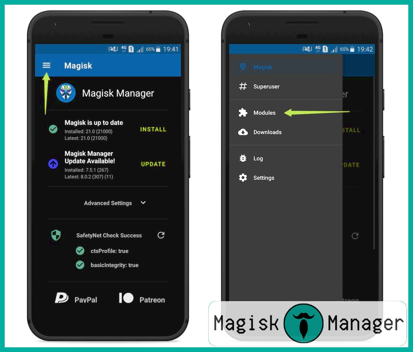 Sección del módulo de la aplicación Magisk Manager